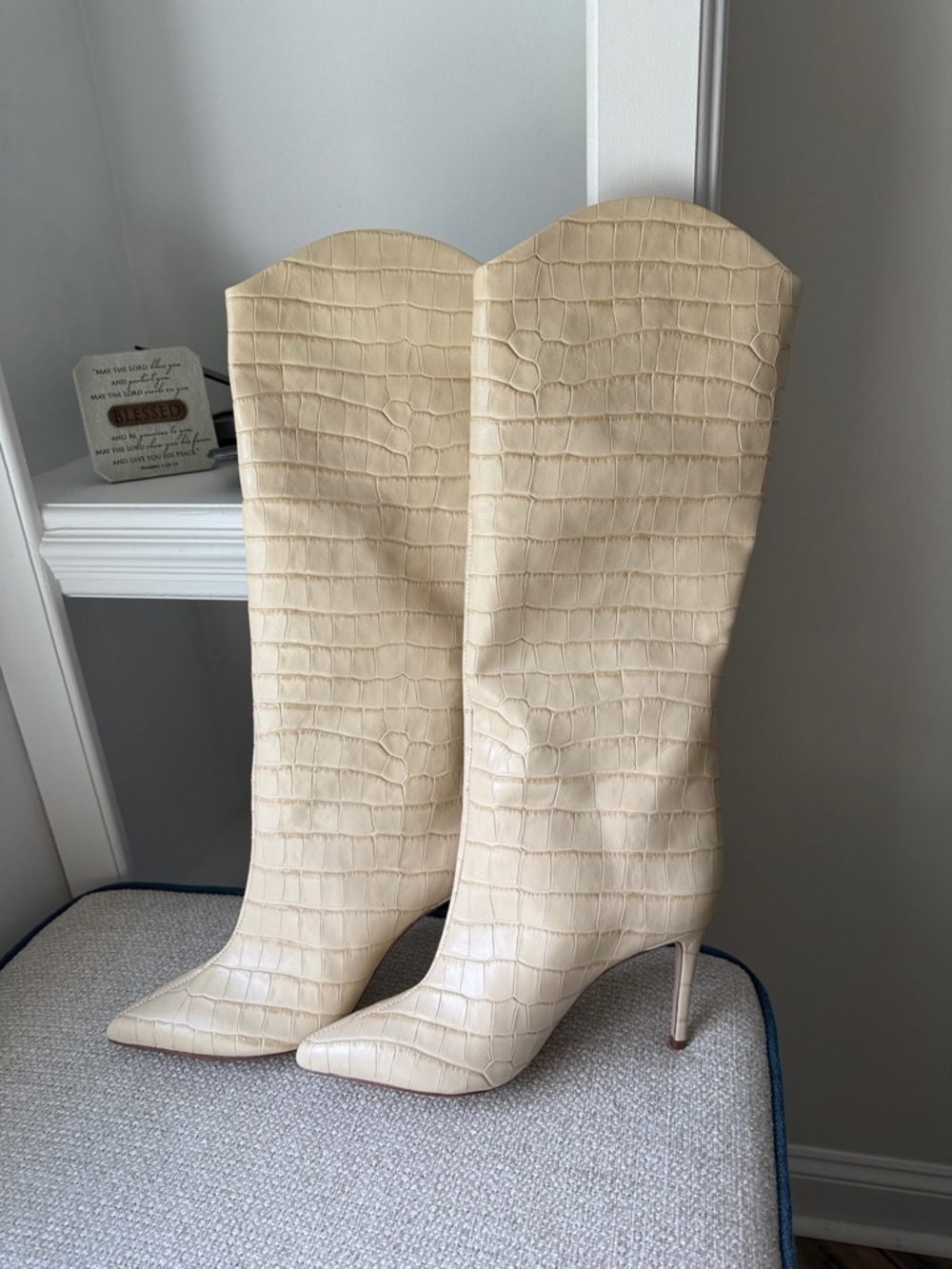 SCHUTZ Cream Croc-Embossed Over-the-Knee Stiletto Boots